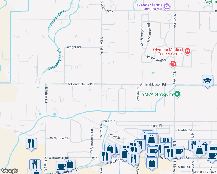 map of restaurants, bars, coffee shops, grocery stores, and more near 875 West Hendrickson Road in Sequim