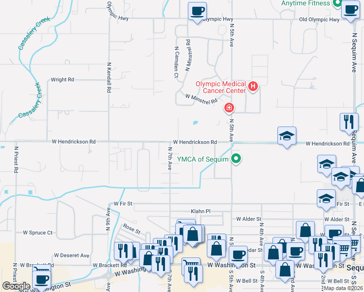 map of restaurants, bars, coffee shops, grocery stores, and more near 656 West Hendrickson Road in Sequim