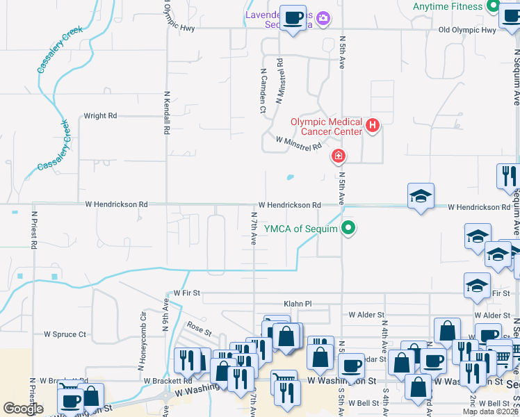 map of restaurants, bars, coffee shops, grocery stores, and more near 678-698 West Hendrickson Road in Sequim