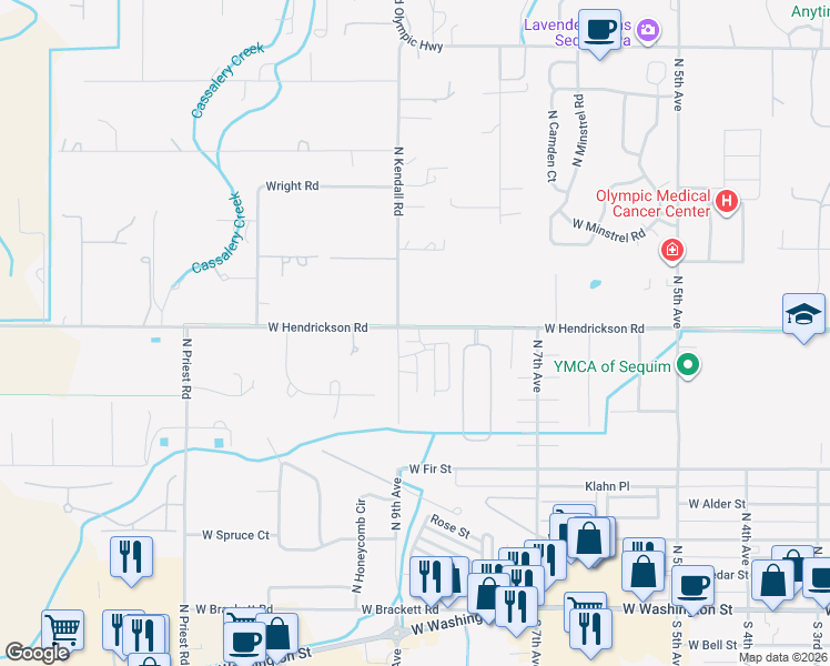 map of restaurants, bars, coffee shops, grocery stores, and more near 875 West Hendrickson Road in Sequim