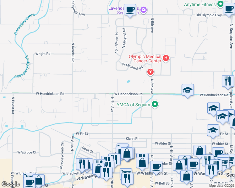 map of restaurants, bars, coffee shops, grocery stores, and more near 678 West Hendrickson Road in Sequim