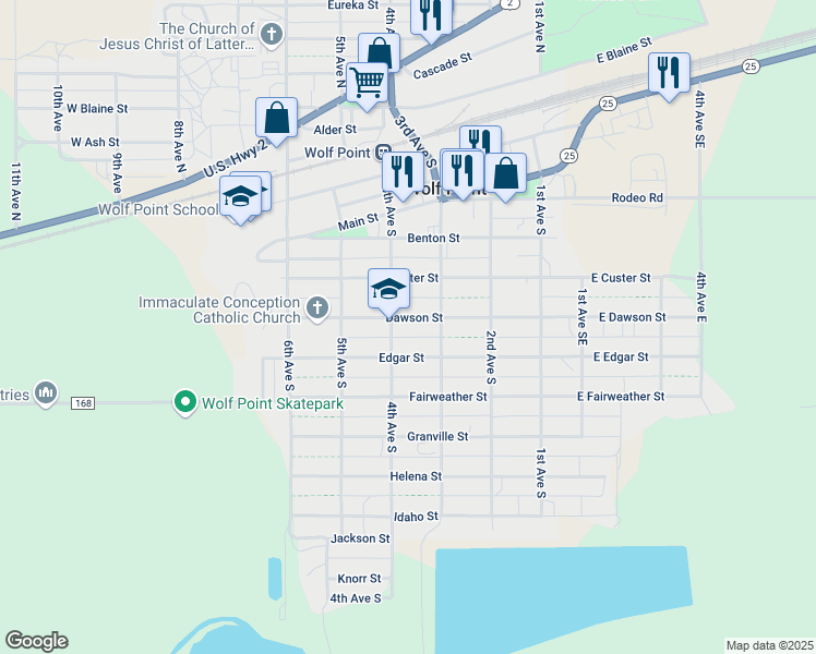map of restaurants, bars, coffee shops, grocery stores, and more near 321 Dawson Street in Wolf Point