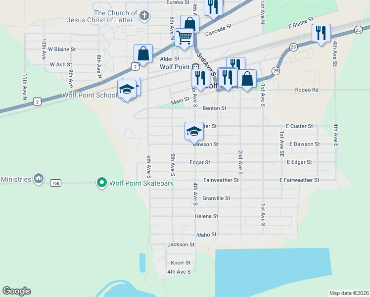 map of restaurants, bars, coffee shops, grocery stores, and more near 417 Dawson Street in Wolf Point