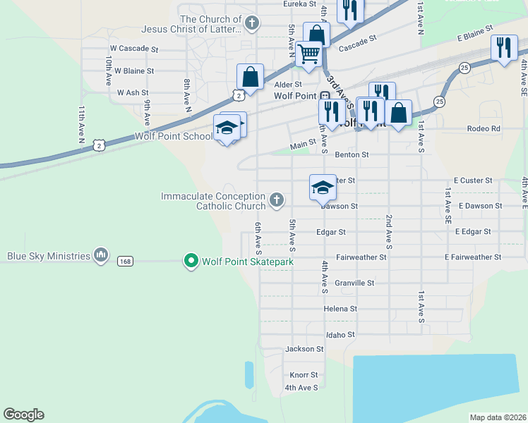 map of restaurants, bars, coffee shops, grocery stores, and more near 531 Dawson Street in Wolf Point