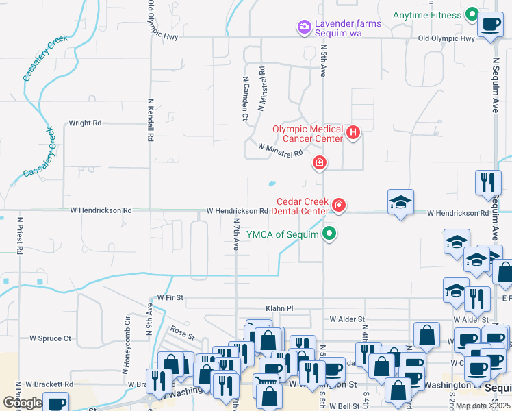 map of restaurants, bars, coffee shops, grocery stores, and more near 656 West Hendrickson Road in Sequim