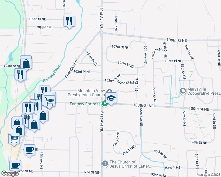 map of restaurants, bars, coffee shops, grocery stores, and more near 10123 51st Avenue Northeast in Marysville