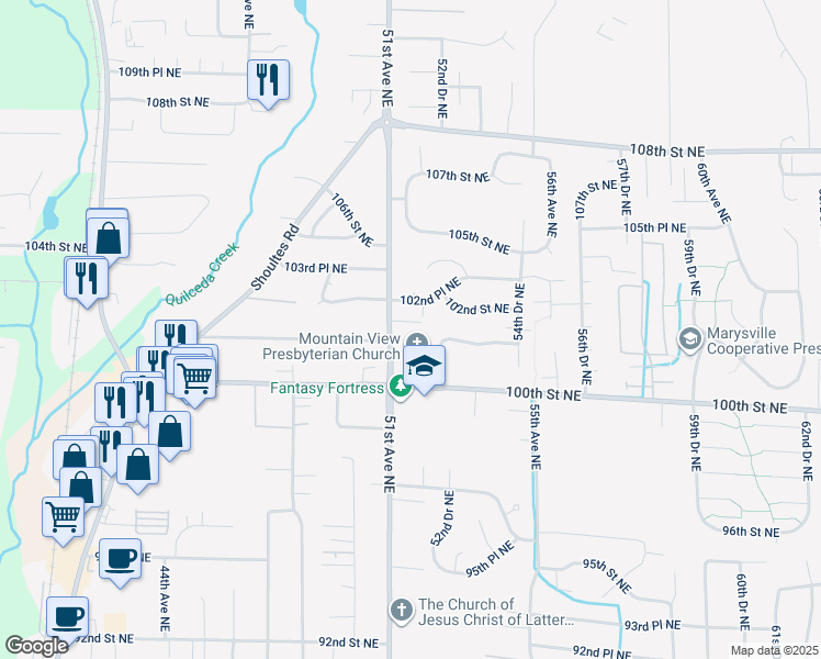 map of restaurants, bars, coffee shops, grocery stores, and more near 10123 51st Avenue Northeast in Marysville