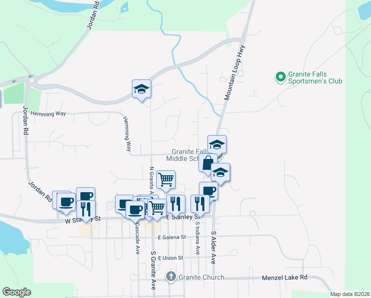 map of restaurants, bars, coffee shops, grocery stores, and more near 303 East Alpine Street in Granite Falls