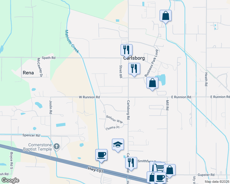 map of restaurants, bars, coffee shops, grocery stores, and more near 142 Winterhawk Street in Sequim