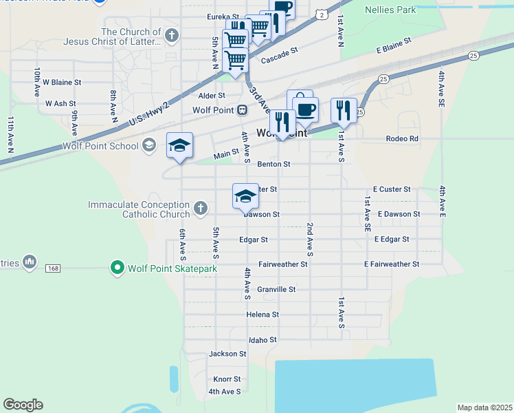 map of restaurants, bars, coffee shops, grocery stores, and more near 321 Dawson Street in Wolf Point