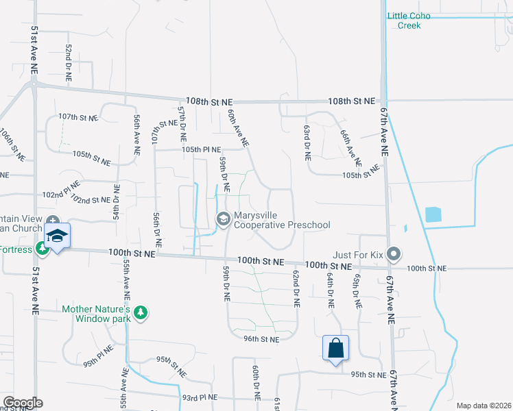 map of restaurants, bars, coffee shops, grocery stores, and more near 6013 102nd Street Northeast in Marysville