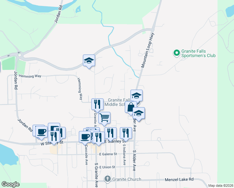 map of restaurants, bars, coffee shops, grocery stores, and more near 303 East Alpine Street in Granite Falls