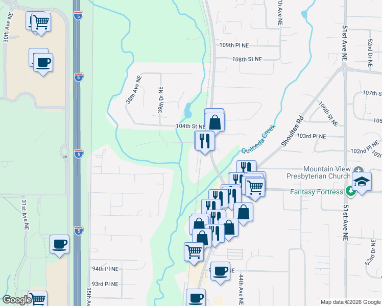 map of restaurants, bars, coffee shops, grocery stores, and more near 10236 42nd Avenue Northeast in Marysville