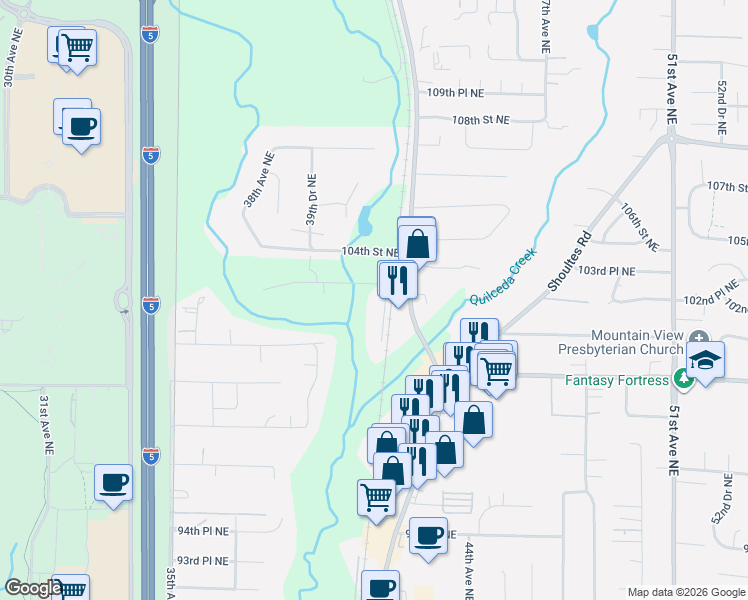 map of restaurants, bars, coffee shops, grocery stores, and more near 10236 42nd Avenue Northeast in Marysville