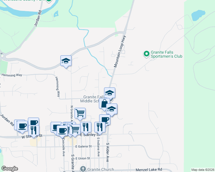 map of restaurants, bars, coffee shops, grocery stores, and more near 10008 Mountain Loop Highway in Granite Falls