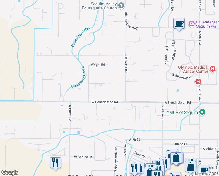 map of restaurants, bars, coffee shops, grocery stores, and more near 785 North Kendall Road in Sequim