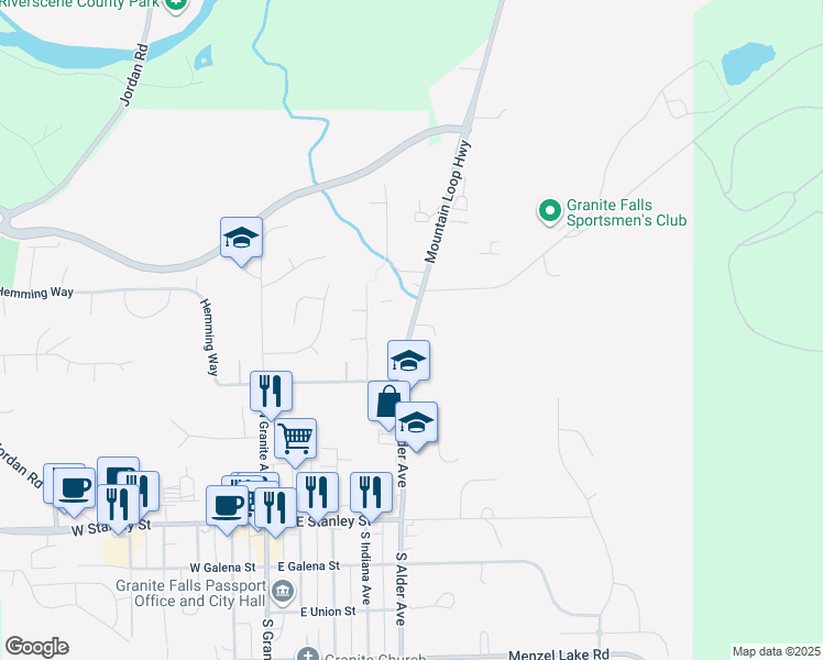 map of restaurants, bars, coffee shops, grocery stores, and more near 10112 Mountain Loop Highway in Granite Falls