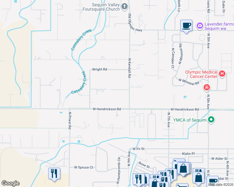 map of restaurants, bars, coffee shops, grocery stores, and more near 785 North Kendall Road in Sequim