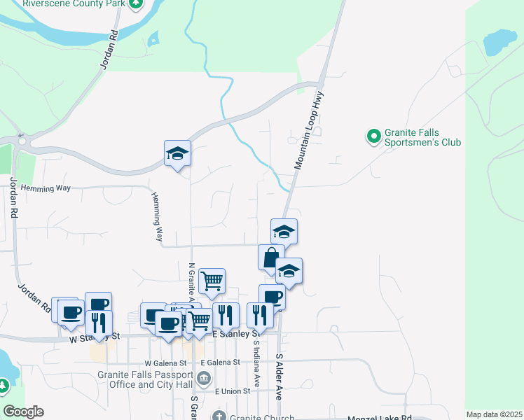 map of restaurants, bars, coffee shops, grocery stores, and more near 701 North Indiana Avenue in Granite Falls