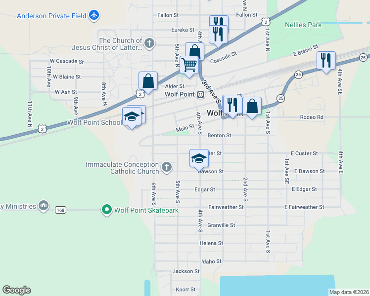 map of restaurants, bars, coffee shops, grocery stores, and more near 412 Custer Street in Wolf Point