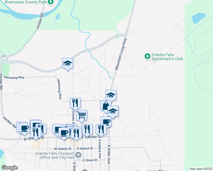 map of restaurants, bars, coffee shops, grocery stores, and more near 10110 Mountain Loop Highway in Granite Falls