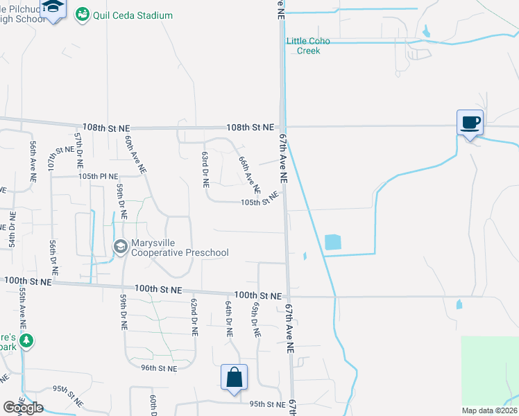 map of restaurants, bars, coffee shops, grocery stores, and more near 6530 105th Street Northeast in Marysville