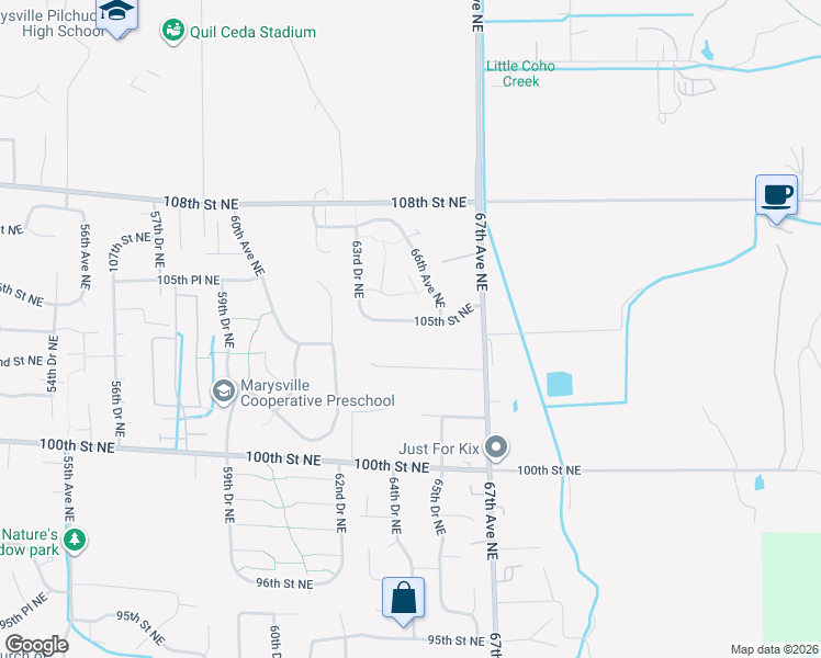 map of restaurants, bars, coffee shops, grocery stores, and more near 6420 105th Street Northeast in Marysville