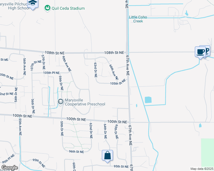 map of restaurants, bars, coffee shops, grocery stores, and more near 6420 105th Street Northeast in Marysville