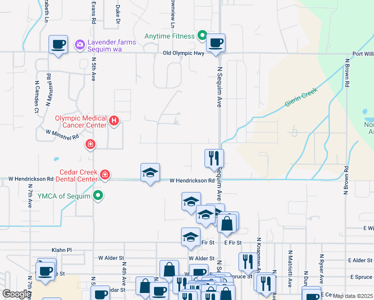 map of restaurants, bars, coffee shops, grocery stores, and more near 211 West Deytona Street in Sequim