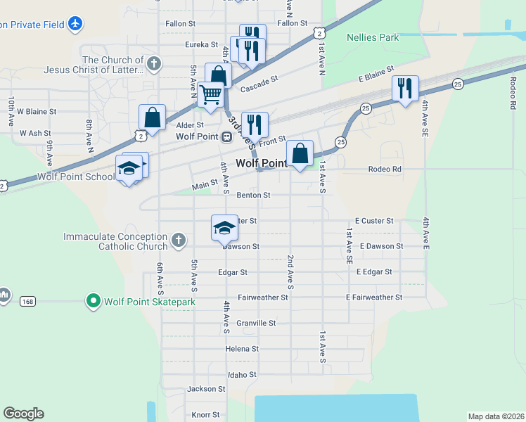 map of restaurants, bars, coffee shops, grocery stores, and more near in Wolf Point