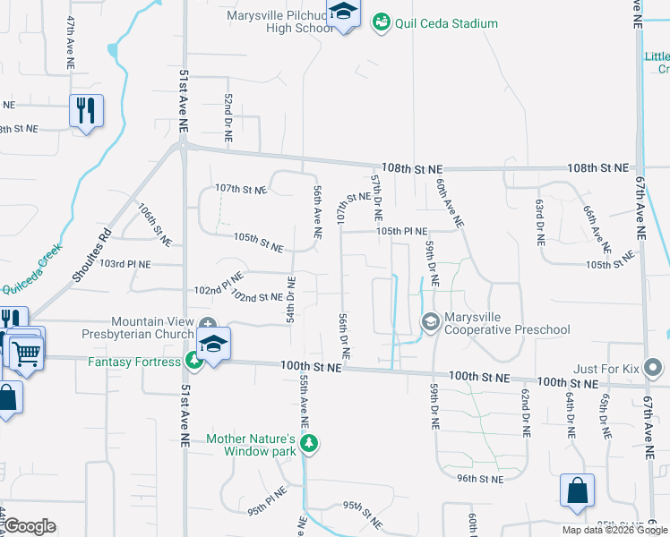 map of restaurants, bars, coffee shops, grocery stores, and more near 10402 56th Drive Northeast in Marysville