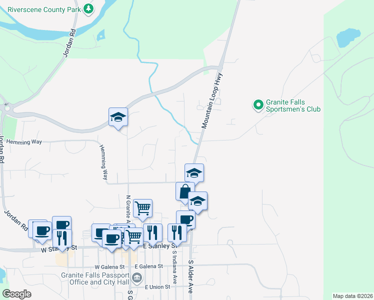 map of restaurants, bars, coffee shops, grocery stores, and more near 701 North Indiana Avenue in Granite Falls