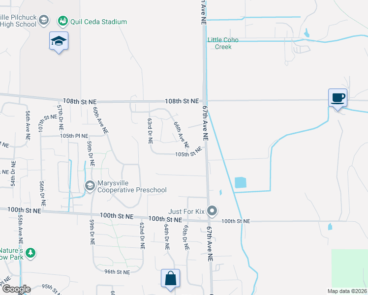 map of restaurants, bars, coffee shops, grocery stores, and more near 6530 105th Street Northeast in Marysville