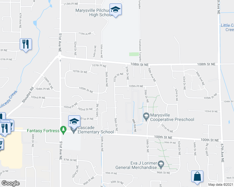 map of restaurants, bars, coffee shops, grocery stores, and more near 5619 103rd Place Northeast in Marysville