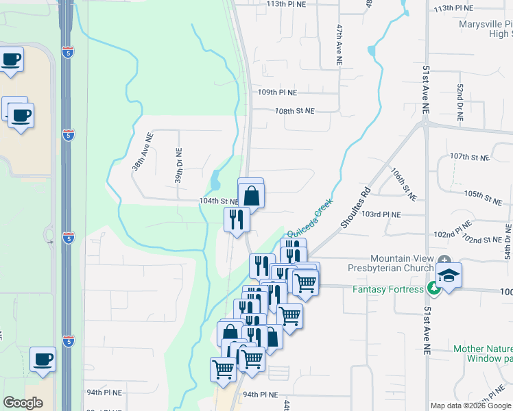 map of restaurants, bars, coffee shops, grocery stores, and more near 4307 103rd Place Northeast in Marysville