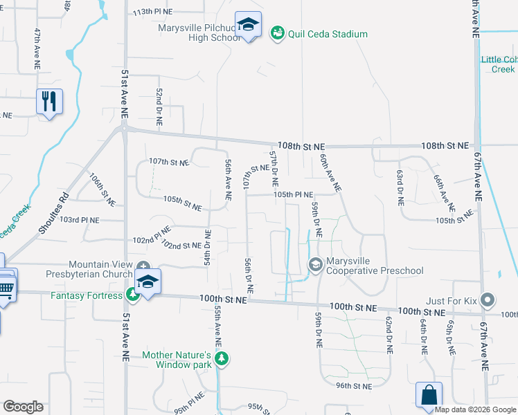 map of restaurants, bars, coffee shops, grocery stores, and more near 5617 104th Place Northeast in Marysville
