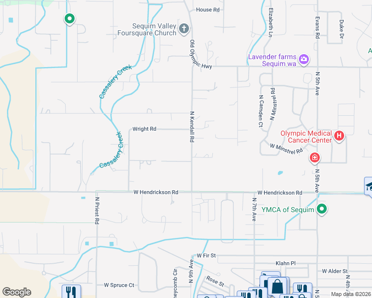 map of restaurants, bars, coffee shops, grocery stores, and more near 813 North Kendall Road in Sequim