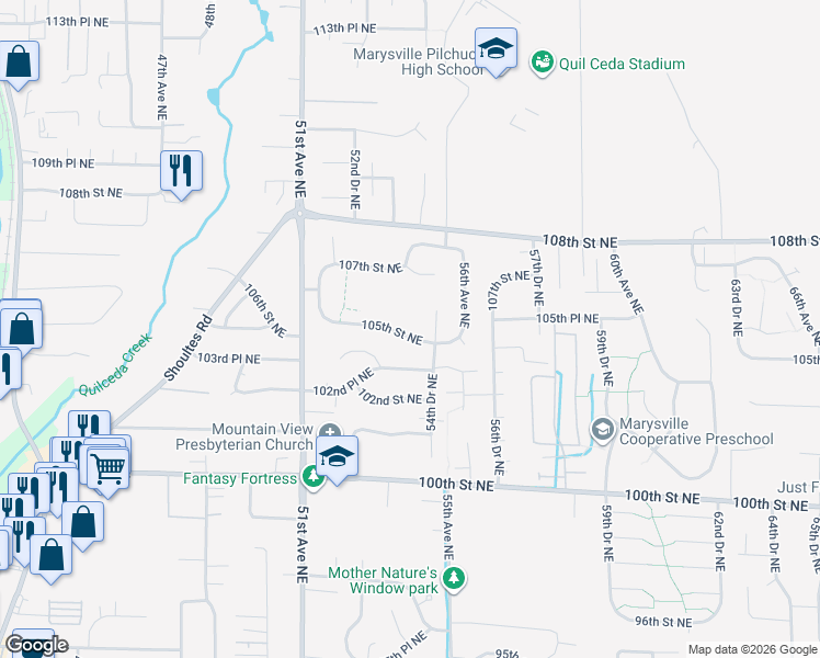 map of restaurants, bars, coffee shops, grocery stores, and more near 5315 105th Street Northeast in Marysville