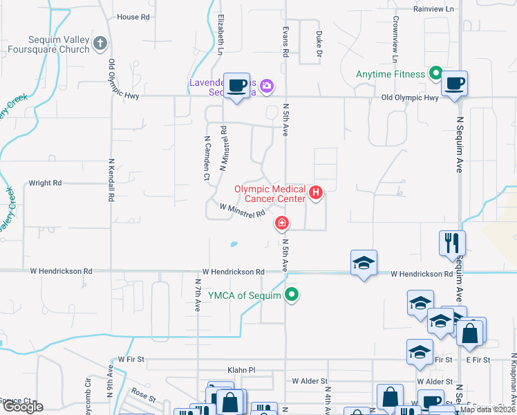 map of restaurants, bars, coffee shops, grocery stores, and more near 581 West Minstrel Road in Sequim