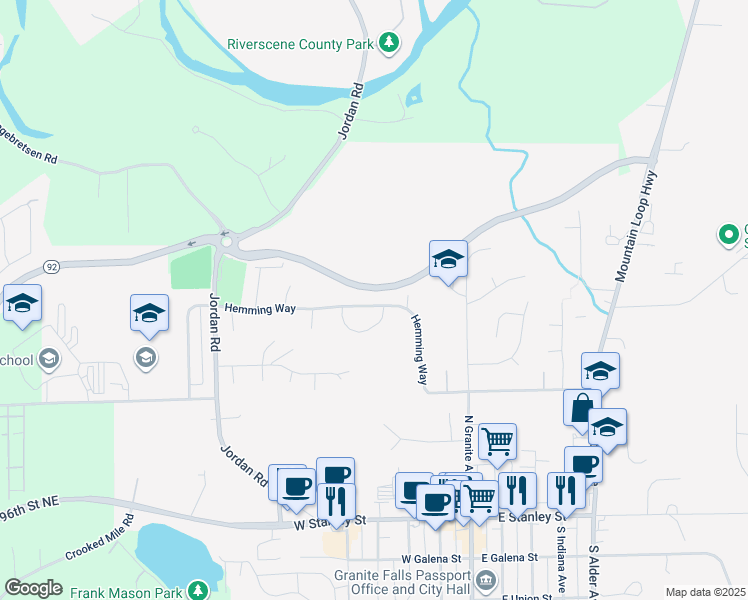 map of restaurants, bars, coffee shops, grocery stores, and more near 401 Hemming Way in Granite Falls