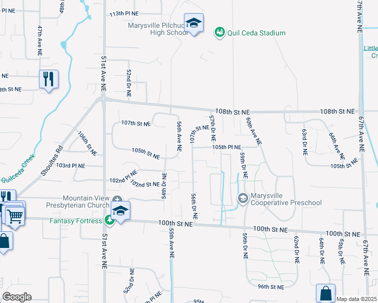map of restaurants, bars, coffee shops, grocery stores, and more near 10512 56th Drive Northeast in Marysville