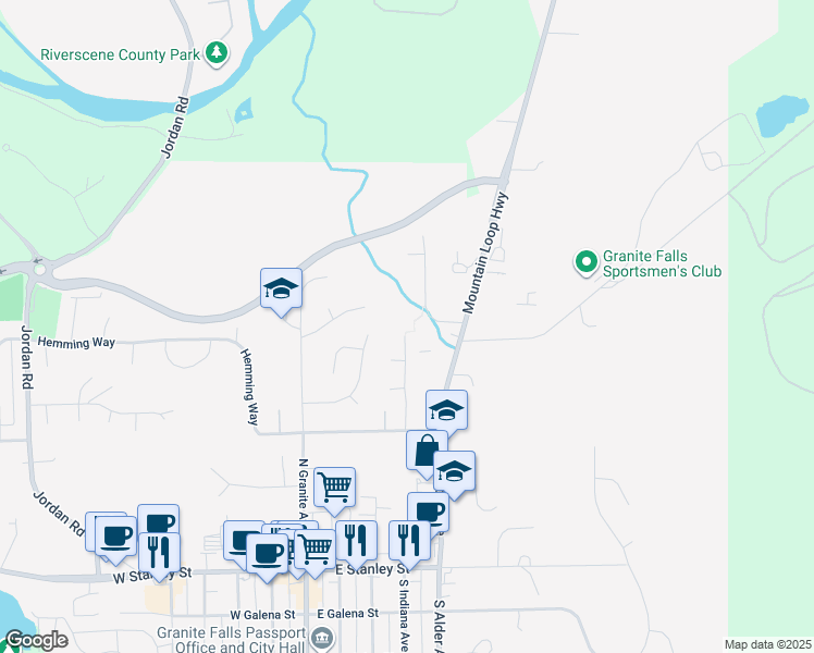 map of restaurants, bars, coffee shops, grocery stores, and more near 711 North Indiana Avenue in Granite Falls