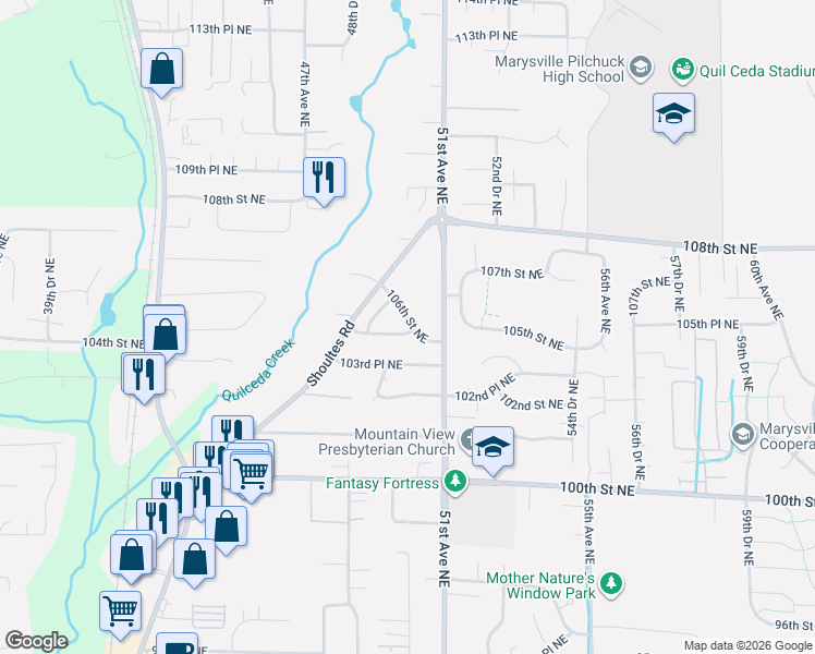 map of restaurants, bars, coffee shops, grocery stores, and more near 5017 106th Street Northeast in Marysville