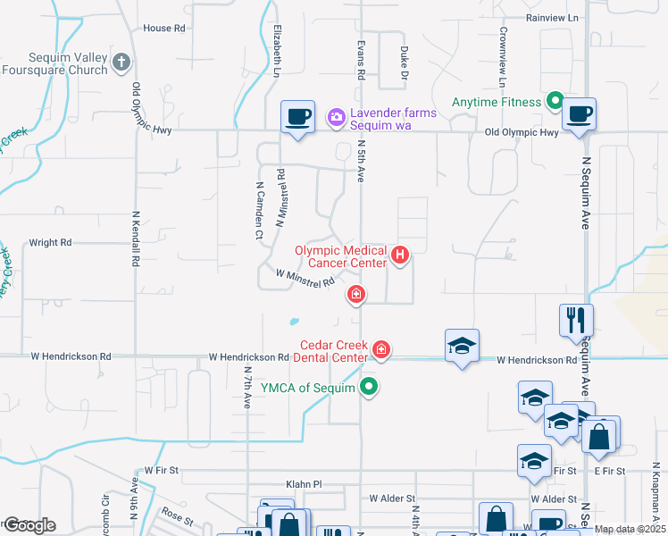 map of restaurants, bars, coffee shops, grocery stores, and more near 842 North Canterbury Court in Sequim