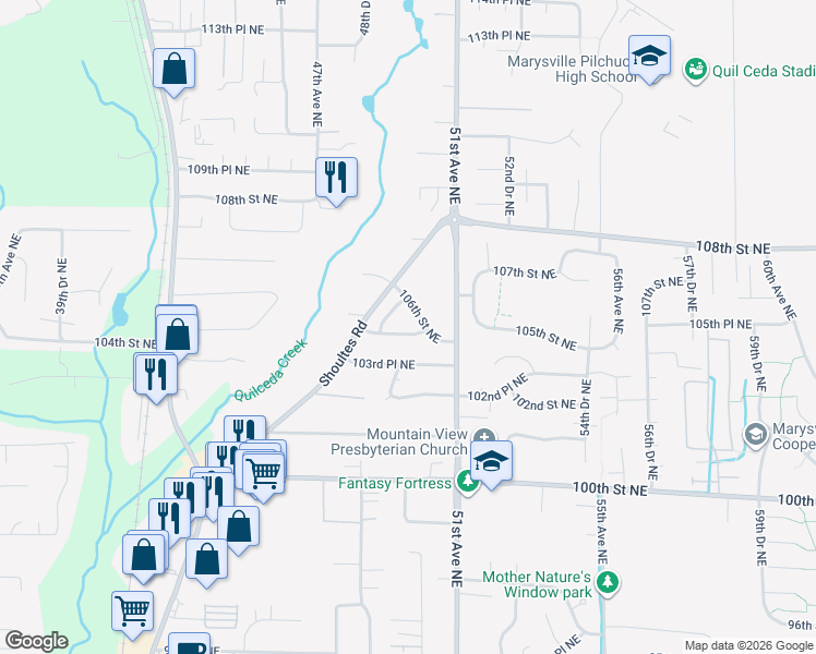 map of restaurants, bars, coffee shops, grocery stores, and more near 10507 48th Drive Northeast in Marysville