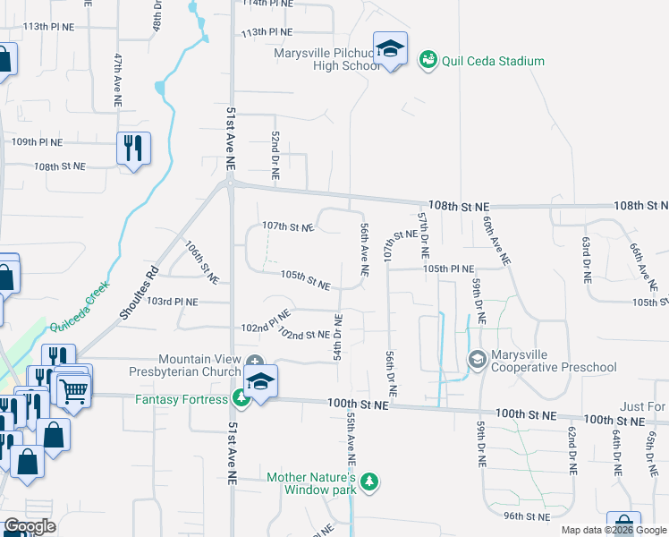 map of restaurants, bars, coffee shops, grocery stores, and more near 10514 55th Avenue Northeast in Marysville