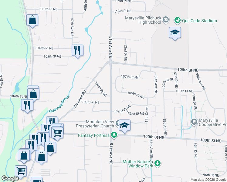 map of restaurants, bars, coffee shops, grocery stores, and more near 10513 52nd Avenue Northeast in Marysville
