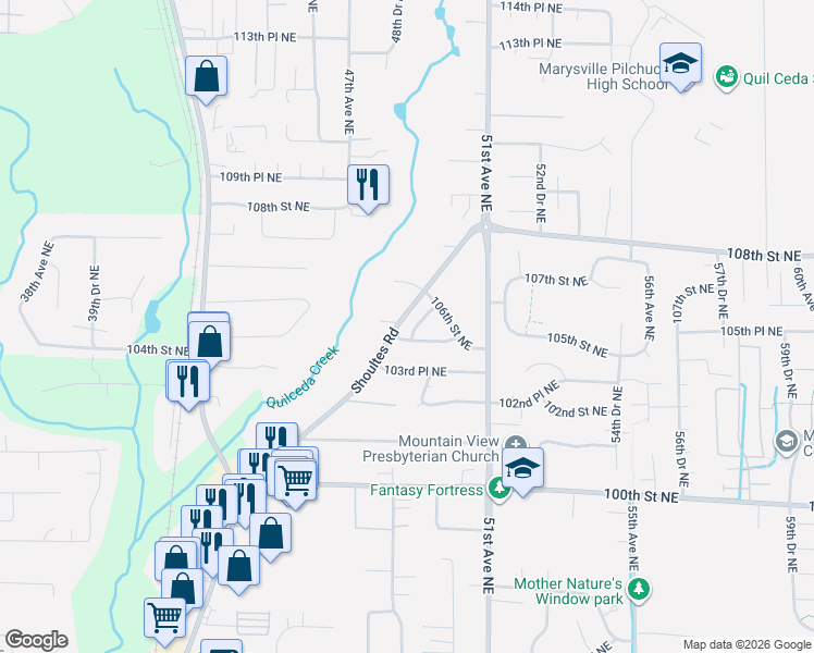 map of restaurants, bars, coffee shops, grocery stores, and more near 10510 Shoultes Road in Marysville