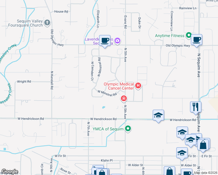 map of restaurants, bars, coffee shops, grocery stores, and more near 581 West Minstrel Road in Sequim