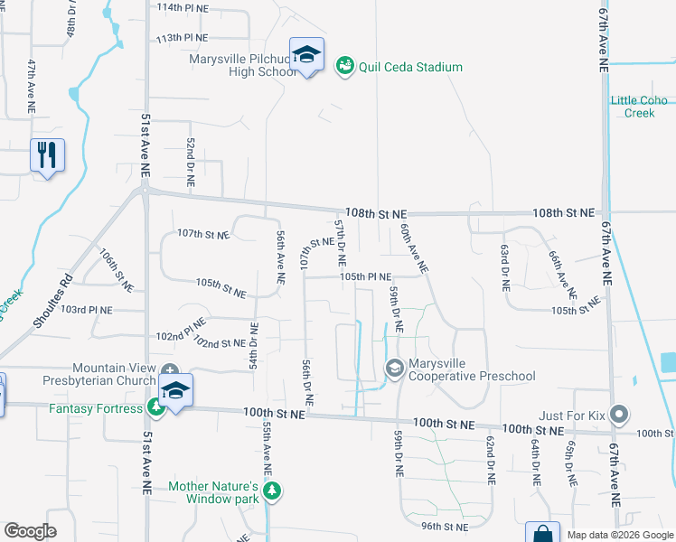 map of restaurants, bars, coffee shops, grocery stores, and more near 5633 105th Place Northeast in Marysville
